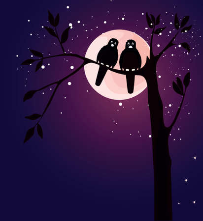 romantic card pair of birds sitting on a tree at sunsetのイラスト素材