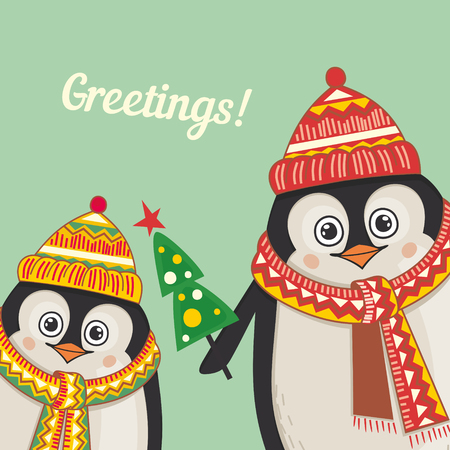 Christmas greeting card with cute penguins. illustrationのイラスト素材