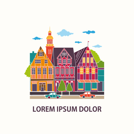 Colorful houses facades. Cityscape. Vector illustrationのイラスト素材