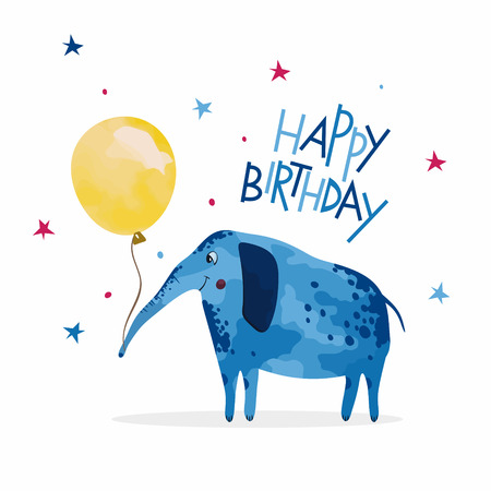 Happy Birthday card, elephant with balloon.のイラスト素材