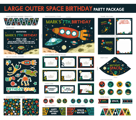 Large Outer Space Birthday Party Package Set. Printable. Invitation Included - 16 Itemsのイラスト素材