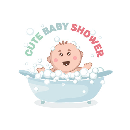Illustration of baby in a bath with bubbles. A joyful Kid takes a bath.のイラスト素材