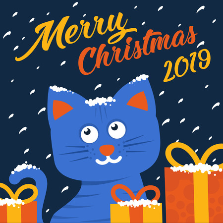 Merry Christmas card with cute cartoon kitten. Flat design.のイラスト素材