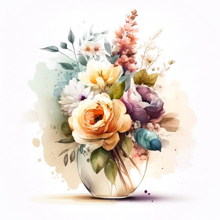 Watercolor floral bouquet in a glass vase. Watercolor peonies Hand painted illustration. Greeting card design. Printable flower paintingの写真素材