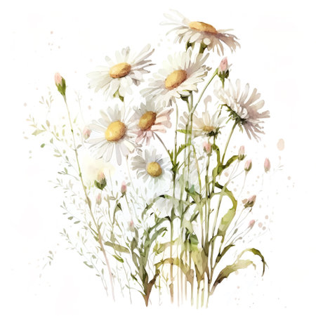 Watercolor wild flowers - chamomile. Printable flower paintingの写真素材