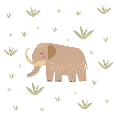 Cartoon cute mammoth and plants isolated on white background. Funny prehistoric elephant vector illustration. stone age kids posterのイラスト素材