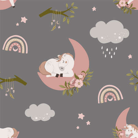 Seamless pattern with cute unicorn sleeping on moon with floral elements. Hand drawn magic horn with rainbow and clouds. Flat celestial vector illustration.のイラスト素材