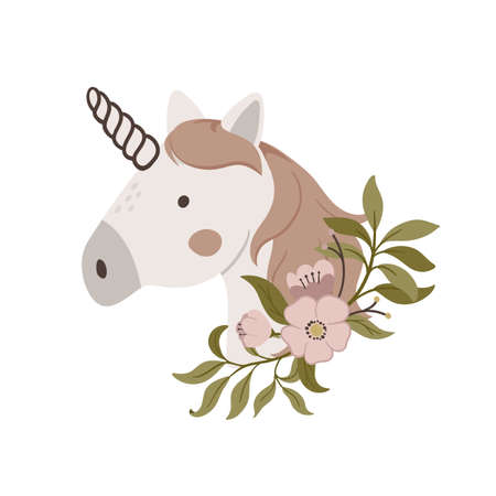 Hand drawn cute unicorn face. Magic horn with floral elements vector illustration. Design for kids posters, cards, wall art prints and clothes.のイラスト素材