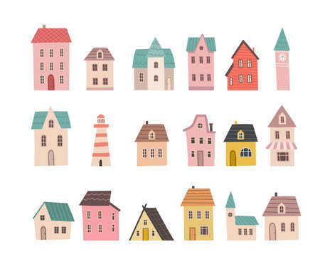 Set of small cute houses. cartoon building icons. Tiny home collection in hand draw style isolated on white background. flat design.のイラスト素材
