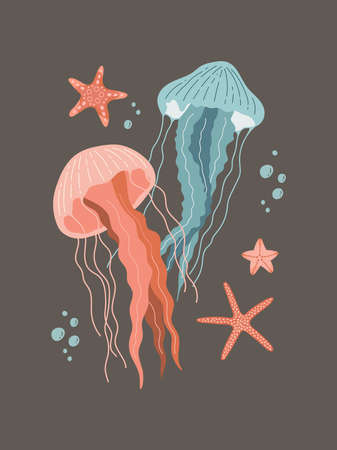 Jellyfish and sea stars vector illustration. Cartoon poster isolated on dark background. ocean life...