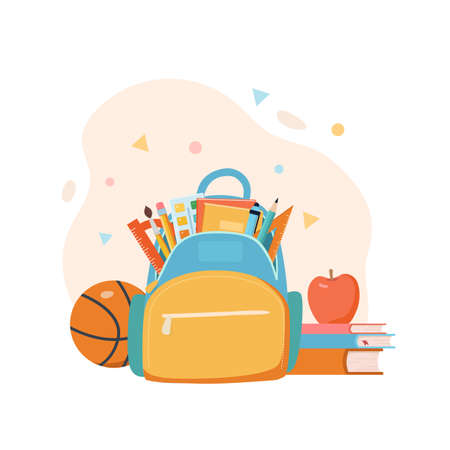 School backpack with education items. Stationary, books, ball and apple. cartoon flat vector illustrationのイラスト素材