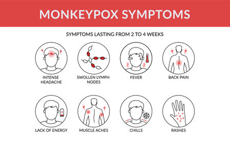 Symptoms of the monkey pox virus infographic. This causes skin infections. linear vector illustrationのイラスト素材