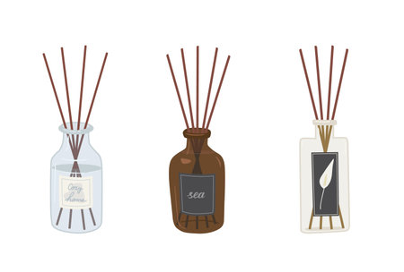 Set of diffuser bottles with aroma sticks isolated on white background. Aromatherapy hand draw...