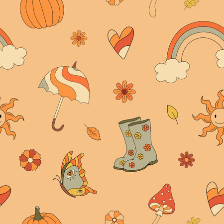 Autumn groovy seamless pattern with rainbow, mushrooms, umbrella. Fall vibes. Retro 70s vector illustration. hippie style. Fabric, textile designのイラスト素材