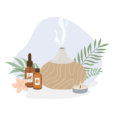 Composition with essential oil, aromatherapy accessories and herbs. Aroma flat lamp vector illustration on white background.のイラスト素材