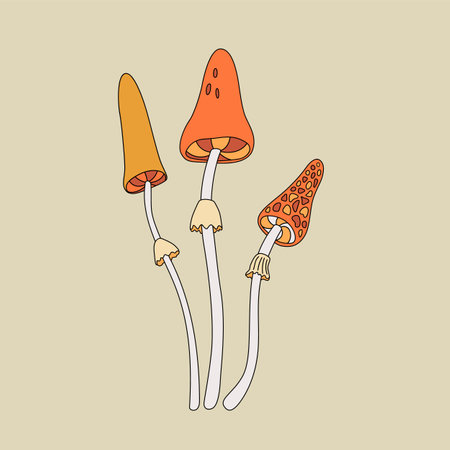 Set of vintage hippie mushrooms flat vector illustration. Retro autumn vibe psychedelic elemenst in 70s and 80s styleのイラスト素材