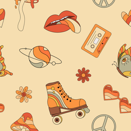 Hippie psychedelic groovy seamless pattern. Retro flowers, butterfly, roller skate, lips, cassette, peace sign. Surreal vector illustrationのイラスト素材