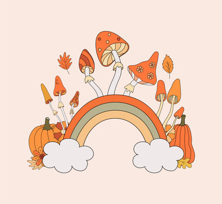 Retro rainbov, pumpkin and mushroom vector illustration. hippie autumn vibe. vintage styleのイラスト素材