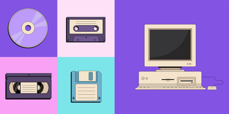 Back to 90s. Old fashioned vector flat set of old computer pc, vintage video cassette, retro floppy disk, tape recorder cassette and compact disc. Nostalgia for 1990sのイラスト素材