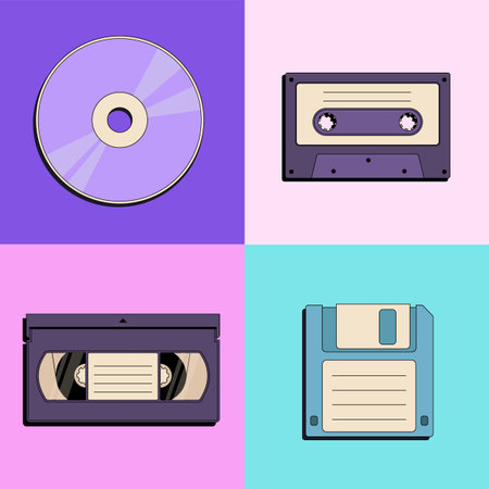 Retro floppy disk, compact disc, vintage cassette, video record icons in flat style isolated on color background. Back to 90s. Nostalgia for 1990s equipmentのイラスト素材