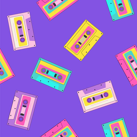 Retro 90s music audio cassette seamless pattern. Nostalgia for the 1990s. Vintage tape in memphis style.のイラスト素材