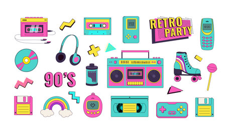 Set of 90s 00s retro devices in modern style. Vintage audio player, cassette, floppy disk, boombox, mobile telephone, skate, game console vector illustration. Nostalgia for the 1990s.のイラスト素材