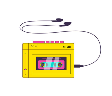 Retro music player with headphones in modern trendy style. Vintage 80s 90s audio recorder vector illustration. Nostalgia for the 1990s.のイラスト素材