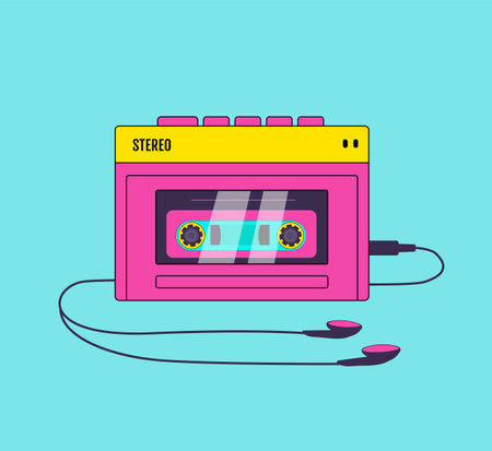 Retro audio player in memphis style. Tape recorder, cassette vector illustration. Nostalgia for the 90s.のイラスト素材