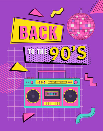 Back to the 90's poster, invitation card or banner with boombox and geometric elements. Retro party vector background illustration. memphis style.のイラスト素材