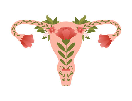 Female reproductive system with blossom flower. Women's health flat vector illustration. Hand drawn decorative uterus. girl power. Scandinavian styleのイラスト素材