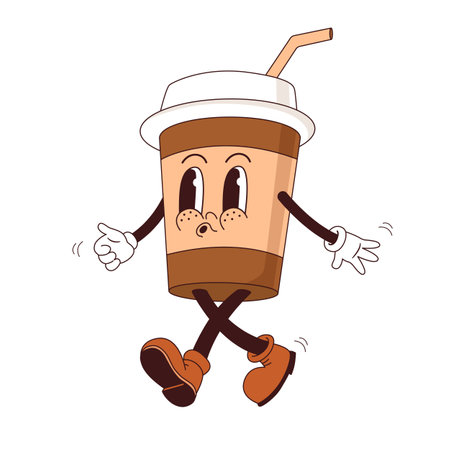 Retro 70s cartoon groovy paper cup character mascots. Vintage coffee 60s vector illustration. Groovy funny drink, nostalgia 1970s, 80sのイラスト素材