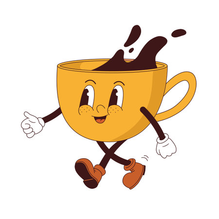 Cartoon mascot cup of coffee vector illustration. Groovy retro espresso character. Nostalgia 70s, 60sのイラスト素材