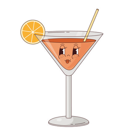 Retro 70s alcohol cocktails in cartoon style. Nostalgia 1970s, 80s. Groovy martini glass character. Y2k vector illustrationのイラスト素材