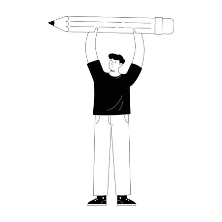 Cartoon student standing with a pencil vector illustration. Stationery shop, social media. Education, drawing, writing concept.のイラスト素材