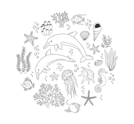 Set with hand drawn sea life elements. Beautiful underwater world in line style. Vector outline set of ocean objects. Fish, jellyfish, dolphins, shells, seaweeds and corals. Nautical icons collection.のイラスト素材