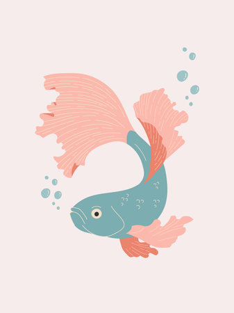 Turquoise and red aquarium betta fish vector illustration. oriental poster designのイラスト素材