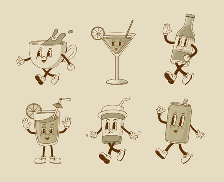 Set of cartoon retro beverage 70s cartoon characters. Vintage funny Coffee cup, lemonade bottle, soda can, coctail glass, cappuccino, juice mascot. Drink vector illustration. Nostalgia 1970s, 60sのイラスト素材