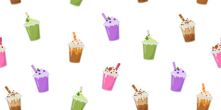 Ice cream seamless pattern. Ice-cream with berry, chocolate, caramel, matcha summer backgroundのイラスト素材