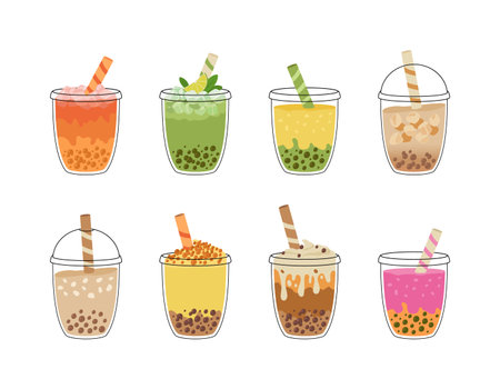 Set of bubble tea with tapioca pearls. Asian Taiwanese drink. Boba milk tea. Cold coffee in takeaway cup. cartoon vector illustration.のイラスト素材