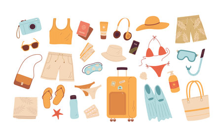 Cartoon summer travel baggage and beach accessories vector illustration. Vacation summer stuff for sea activities. Snorkeling, shorts, bikini, camera, hat, suitcaseのイラスト素材