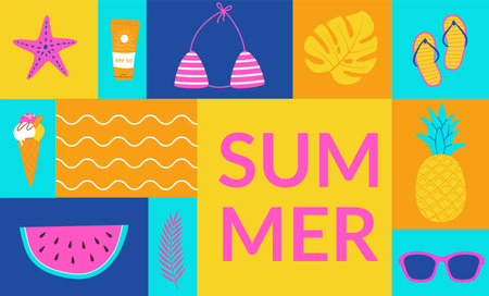 Summer background in geometric style. Summertime poster banner, flyers design for web, shop, bar,...