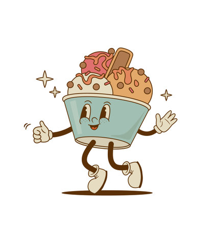 Retro cartoon funny Ice cream character, cute mascot. Vintage frozen sweet food vector illustration. Nostalgiaのイラスト素材
