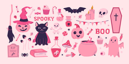 Cartoon pink Halloween vector set. Pumpkin, spirit, cat, bat, grave, candy decoration clipart. Barbiecore pinkcore style.のイラスト素材