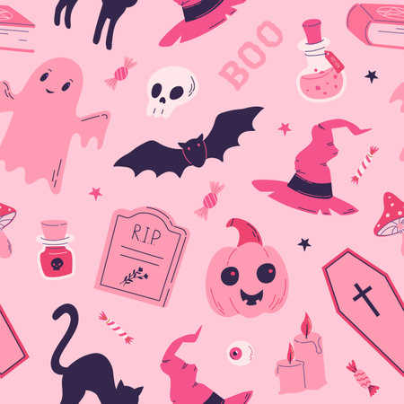 Pink magic halloween seamless pattern with spirit, witch hat, pumpkin, grave, bat, cat. Barbiecore style vector illustrationのイラスト素材