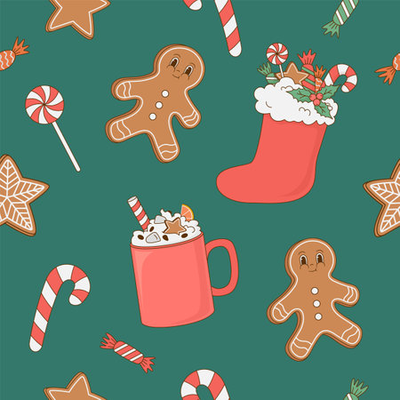Vintage Christmas seamless pattern with sweets, gingerbread, candy, gifts on green background. Retro...