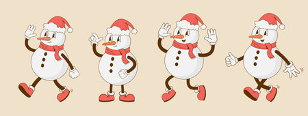 Set of retro cartoon funny snowman characters. Vintage Christmas mascot vector illustration. Nostalgia 60s, 70s, 80s. Happy New Yearのイラスト素材