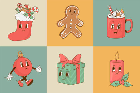 Set of retro cartoon Christmas funny characters. Gingerbread, coffee cup, ball, giftbox, candle mascot. Vintage drink vector illustration. Nostalgia 60s, 70s, 80sのイラスト素材