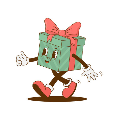 Retro cartoon funny Christmas giftbox character. Vintage Xmas box mascot vector illustration. Nostalgia 60s, 70s, 80s. Happy New Year decorationのイラスト素材