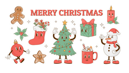Merry Christmas and Happy New year set in retro style. Christmas tree, giftbox, coffee, gingerbread, snowman, ball cartoon mascot vector illustration. Nostalgia 70s, 80s, 60sのイラスト素材