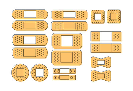 Collection of different adhesive patch. Medical plasters, bandage set in line style. Vector illustrationのイラスト素材